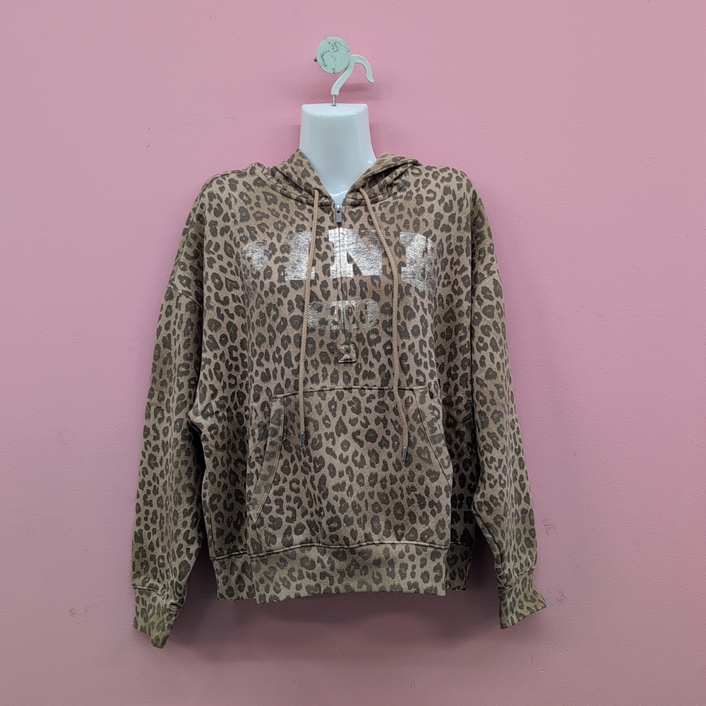 Victoria Secret Pink Campus Fleece Women's Half Zip Hoodie Medium Leopard